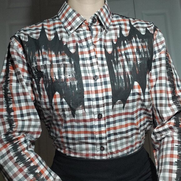 The Scarecrow, a red, orange, black & white cotton  checkered button-down shirt - Picture 3 of 15